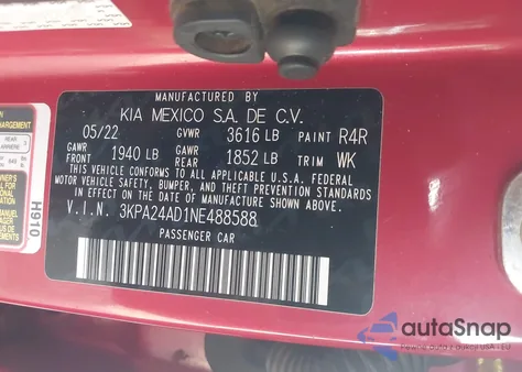 2022 Kia Rio S z USA, uszkodzony, nr VIN 3KPA24AD1NE488588